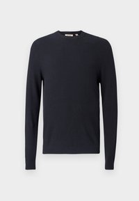 Pull côtelé bleu marine avec un col rond, des manches longues et un tissu texturé. Présente un ourlet et des poignets ajustés.