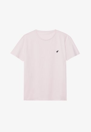Tricou din bumbac de culoare roz deschis, cu mâneci scurte, decolteu rotund și un mic logo cu o pasăre neagră pe partea stângă a pieptului.