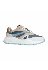 Sneakers feature a mix of light blue, beige, and white materials, textured fabric, and a thick white sole with a light blue accent.