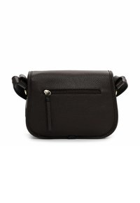 Schwarze Leder-Umhängetasche mit strukturiertem Finish, vorderer Reißverschluss-Tasche und Akzenten am Tragegurt. Kompakte rechteckige Form, minimalistisches Design.