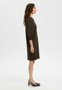 Ruskea, polvipituinen mekko, jossa on liehukkeet hihan alaosassa, valmistettu pehmeästä materiaalista. Malli käyttää mustia teräväkärkisiä korkokenkiä nilkkaremmeillä. Yksinkertainen, moderni muotoilu.