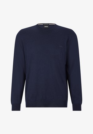Sweater de crewneck azul-marinho em tecido de malha suave com mangas longas. Apresenta um logotipo discreto no peito e punhos e bainha canelados.