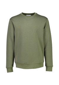 Sudadera verde oliva, con cuello redondo, mangas largas, puños y dobladillo acanalados, textura suave, diseño casual, sin patrones ni logotipos visibles.