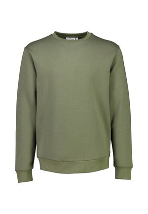 Olivengroene sweatshirt, ronde hals, lange mouwen, ribgebreide manchetten en onderrand, gladde textuur, casual ontwerp, geen zichtbare patronen of logo's.