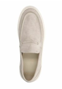 Wildleder Slipper in Hellgrau mit runder Zehenform, Kontrastnähten und gepolstertem Fußbett. Verfügt über eine glatte, flexible Gummisohle.