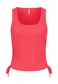 Korálový top bez rukávů vyrobený z ribbed látky, s nastavitelnými šňůrkami na bocích a čtvercovým výstřihem. Hladká textura a přiléhavý střih.