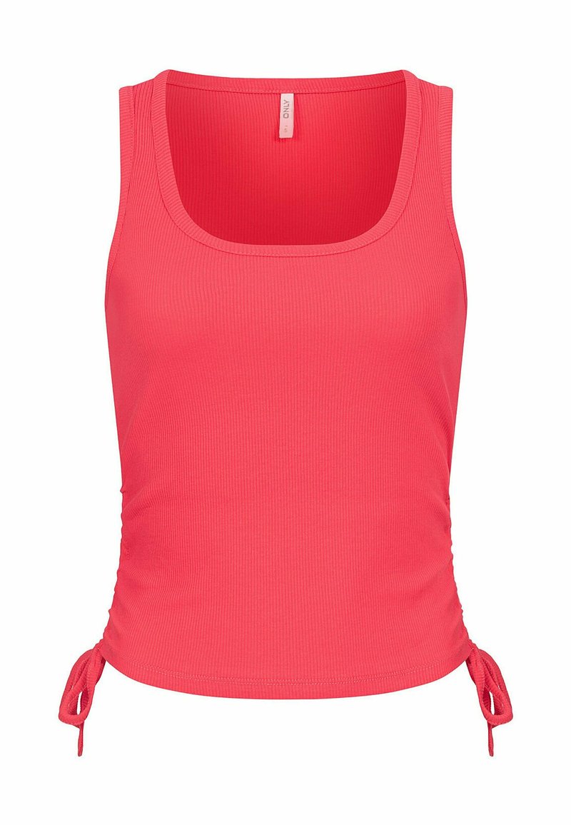 Korálový top bez rukávů vyrobený z ribbed látky, s nastavitelnými šňůrkami na bocích a čtvercovým výstřihem. Hladká textura a přiléhavý střih.