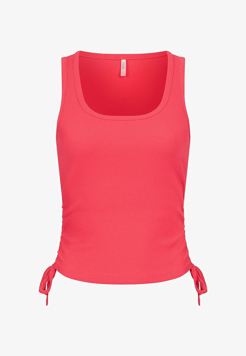 Koralfarbendes Tanktop aus geripptem Stoff, mit verstellbaren seitlichen Zugbändern und einem quadratischen Ausschnitt. Glatte Textur und figurbetonter Schnitt.