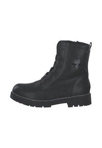 Bottines en cuir noir avec bout rond, design à lacets, côtés texturés et accent de logo. Elles possèdent une semelle en caoutchouc robuste et une fermeture éclair sur le côté.