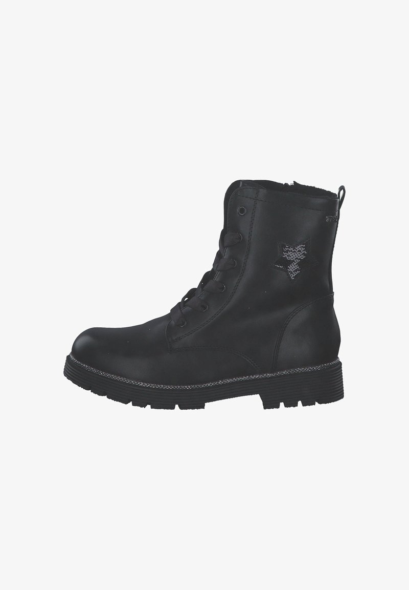 Bottines en cuir noir avec bout rond, design à lacets, côtés texturés et accent de logo. Elles possèdent une semelle en caoutchouc robuste et une fermeture éclair sur le côté.