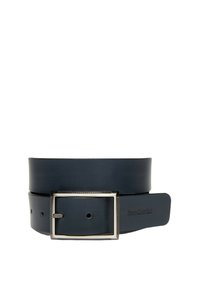 Cintura di pelle blu navy con una fibbia rettangolare in argento, caratterizzata da una superficie liscia e diversi fori di regolazione. Logo del marchio impresso sul cinturino.
