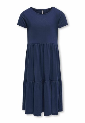 Abito blu navy a maniche corte con collo rotondo, caratterizzato da un fondo a strati e arricciato. Realizzato in materiale morbido e leggero.