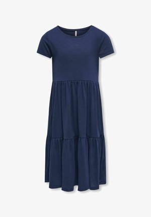 Abito blu navy a maniche corte con collo rotondo, caratterizzato da un fondo a strati e arricciato. Realizzato in materiale morbido e leggero.