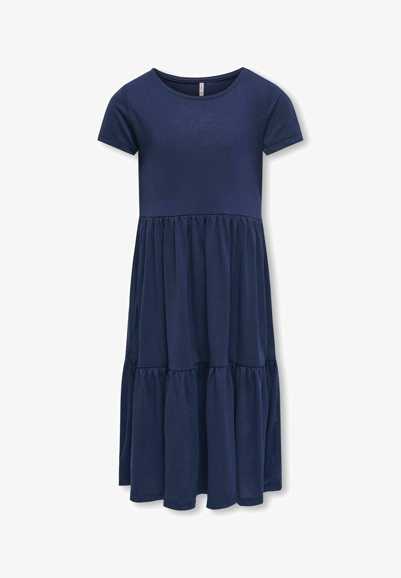 Abito blu navy a maniche corte con collo rotondo, caratterizzato da un fondo a strati e arricciato. Realizzato in materiale morbido e leggero.