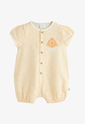 Striped yellow and white baby romper with short sleeves, front buttons, and an embroidered chick detail with "sleep deep" text.