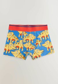 Børns blå boxershorts med gule dinosaur mønstre, orange detaljer og et rødt taljebånd med en kontraststribe.