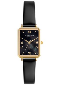 Montre rectangulaire pour femme avec un cadran en nacre noire, des accents dorés, des index en chiffres romains et un bracelet en cuir noir.