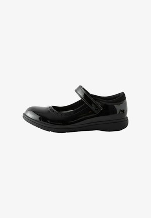 Pantof negru Mary Jane din piele lacuită, cu curea cu velcro și talpă căptușită, prezentat în profil pe fundal alb.
