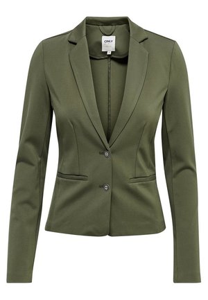 Olive green fitted blazer with two front buttons, notch lapels, long sleeves, and two welt pockets.
