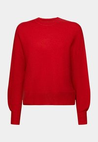 Roter Strickpullover mit Rundhalsausschnitt, überschnittenen Schultern und gerippten Bündchen. Weiche Textur mit lockerer Passform und einfarbig.