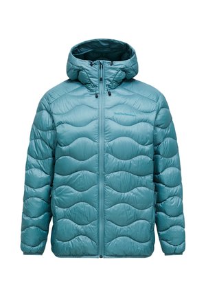 Teal pufferjas met een capuchon, voorzien van een gevoerd ontwerp met golvende patronen, volledige ritssluiting en verstelbare trekkoorden voor een goede pasvorm.