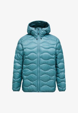 Giacca puffa turchese con cappuccio, caratterizzata da un design trapuntato con motivi ondulati, chiusura a zip completa e cordini regolabili per una vestibilità ottimale.