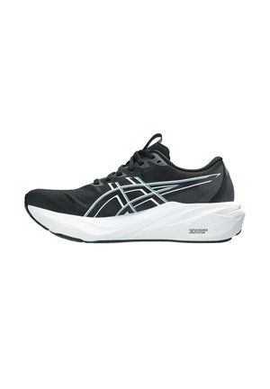 Schwarz-weißer Laufschuh mit dicker weißer Sohle, schwarzem Obermaterial, weißen Logostreifen und dem Text "3D Guidance System" im Fersenbereich.
