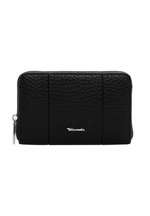 Zwarte leren portemonnee met een gestructureerde afwerking, voorzien van drie verticale naden en een zilveren ritssluiting met een logo-accent.
