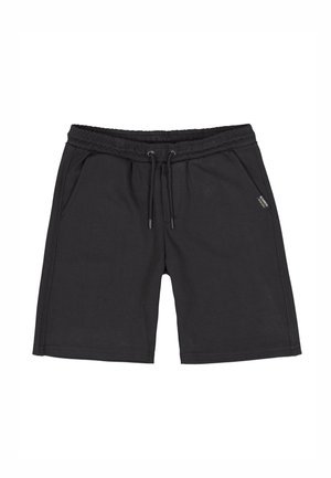 Schwarze Shorts mit elastischem Bund, Kordelzug und seitlichen Taschen, mit einem kleinen Markenetikett an der rechten Tasche.