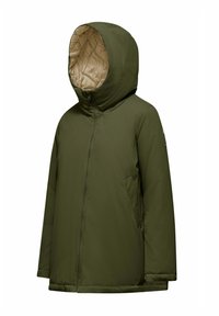 Giacca puffer verde con cappuccio e rivestimento beige a contrasto, dotata di cerniera anteriore, tasche laterali e una texture sintetica liscia.