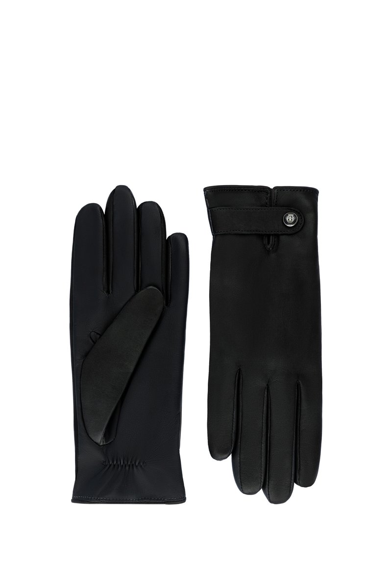 Black leather gloves with a smooth finish, featuring five fingers, a wrist strap with a button, and gathered detailing at the wrist.