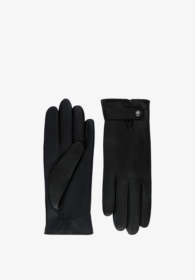 Black leather gloves with a smooth finish, featuring five fingers, a wrist strap with a button, and gathered detailing at the wrist.
