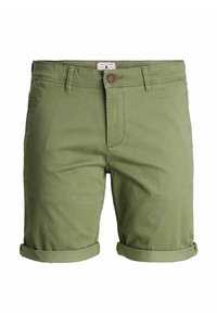 Khaki groene shorts van katoen met een gladde textuur, voorzien van een knoopsluiting, omgeslagen mouwen en voorzakken.