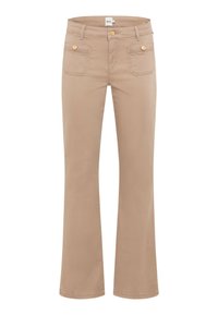Beige Schlaghose aus einer Baumwollmischung. Mit zwei Vordertaschen mit goldfarbenen Knöpfen und Gürtelschlaufen. Glattes, mittelschweren Material.