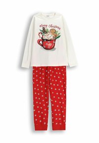 Biały długi rękaw z czerwonym napisem "Wesołych Świąt" i świątecznym wzorem kubka, zestawiony z czerwonymi spodniami zdobionymi białymi wzorami płatków śniegu.