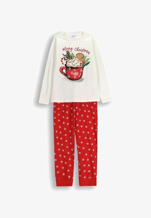 Biały długi rękaw z czerwonym napisem "Wesołych Świąt" i świątecznym wzorem kubka, zestawiony z czerwonymi spodniami zdobionymi białymi wzorami płatków śniegu.