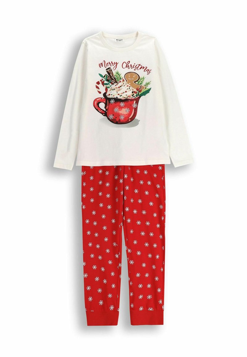 Biały długi rękaw z czerwonym napisem "Wesołych Świąt" i świątecznym wzorem kubka, zestawiony z czerwonymi spodniami zdobionymi białymi wzorami płatków śniegu.