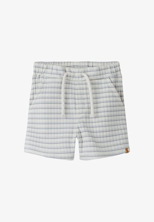 Short blanc pour enfants avec motif à carreaux bleu clair, taille élastique, cordon de serrage et poches avant.