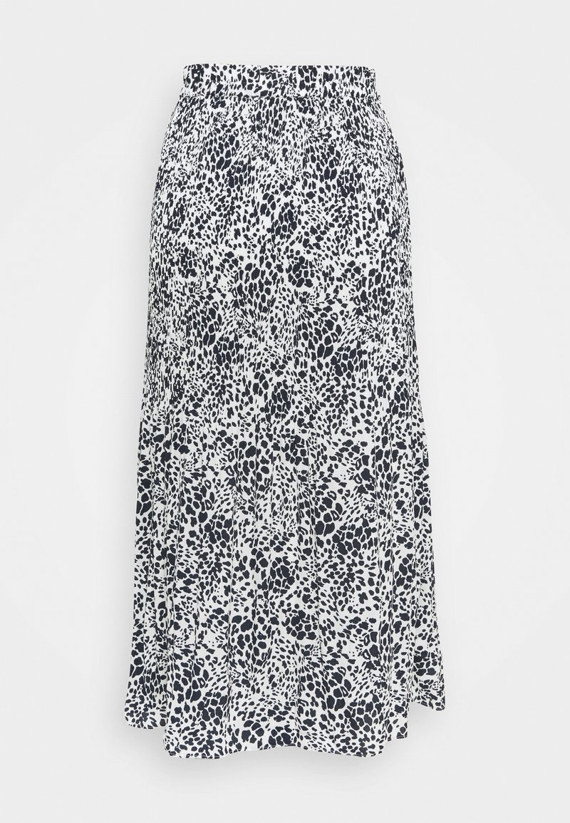 Sort og hvid dyreprint plisseret midi skirt med elastisk talje på en ensfarvet baggrund.