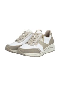 Weiße und beige Sportschuhe aus strukturiertem Wildleder und glatten synthetischen Materialien, mit Schnürsenkeln und seitlichem Reißverschluss.