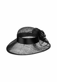Black wide-brimmed hat made of sheer material, featuring a satin band and a fabric flower accent on the side. Fine, textured design.