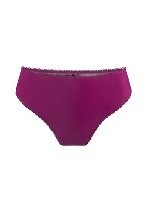 Paarse onderbroek met hoge taille en kantafwerking, met een gladde textuur en een effen kleur, voorzien van golvende randen langs de tailleband.
