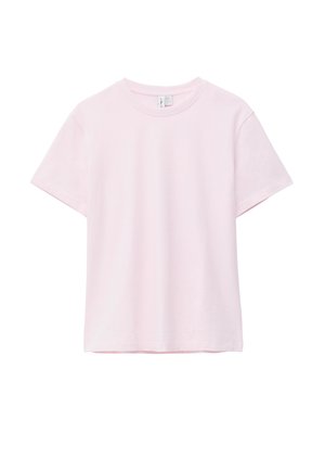 Heleroosa lühikeste varrukatega ümara kaelusega t-särk, mõnusalt lõdva istuvusega, tasapinnal valgel taustal.