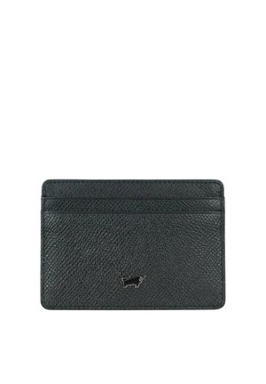 Portacarte in pelle nera strutturata con tre fessure per carte e un piccolo logo metallico a forma di cane centrato sul davanti.