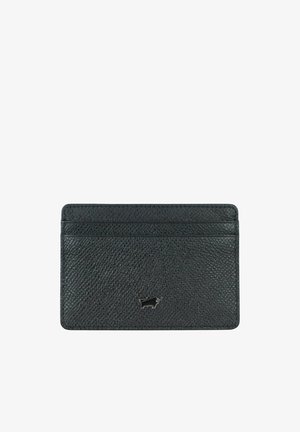 Portacarte in pelle nera strutturata con tre fessure per carte e un piccolo logo metallico a forma di cane centrato sul davanti.