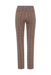 Geverifieerde broek in bruin en roomkleur met rode accenten, met een recht toelopende pasvorm, een gladde textuur en achterzakken.
