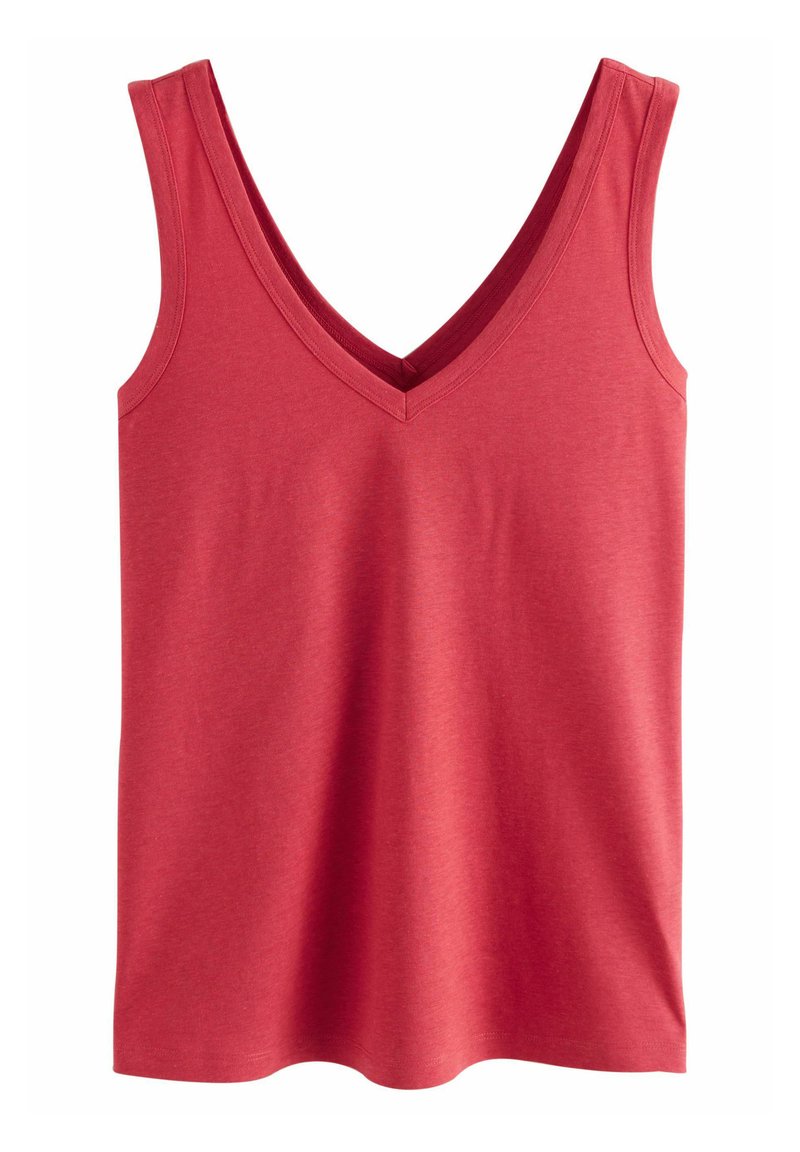 Top senza maniche rosso con scollatura a V profonda, realizzato in morbido cotone con una texture liscia e senza motivi o dettagli visibili.
