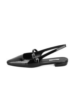 Black patent slingback shoe with a pointed toe, a thin strap with a buckle, and a flat heel. Smooth texture and minimalistic design.