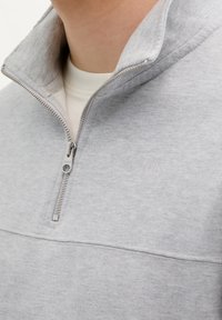 Grijze fleece pullover met rits en hoge kraag, voorzien van een metalen rits en subtiel textuurpatroon. Zacht materiaal met een casual ontwerp.