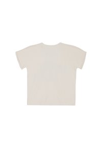 Beżowy t-shirt z krótkim rękawem, okrągłym dekoltem i luźnym krojem. Posiada gładką bawełnianą teksturę oraz brak widocznych grafik i ozdób.